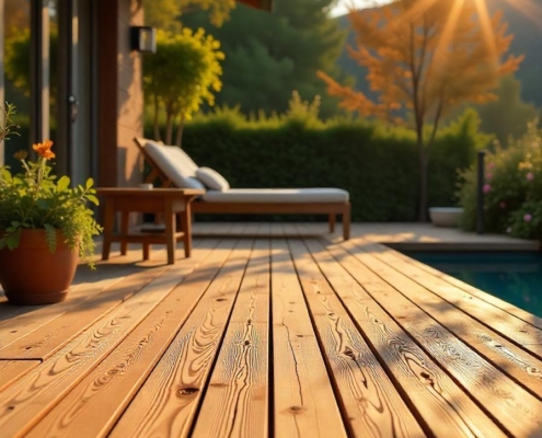 terrasse éxterieure avec piscine et transates. matériau de terrasse, au jardin des reves paysagiste pornic