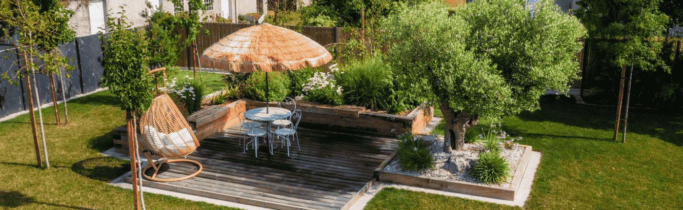 vue panoramique terrasse bois et matériau de terrasse au jardin des reves